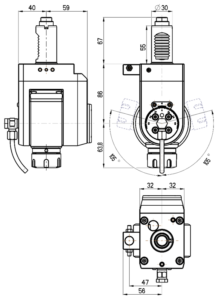 RG Tools VDI 30, winkelverstellbarer Werkzeughalter, Kupplung DIN 5480, mit Innenkühlung RGX1-30/531-25/2 Emco Dimensionen