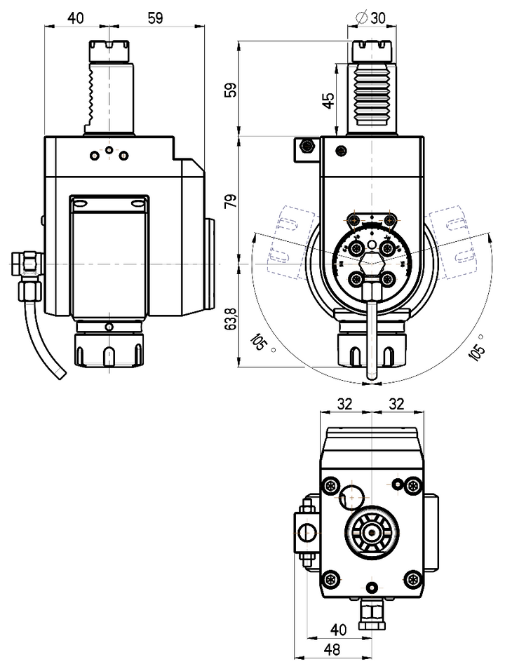 RG Tools VDI 30, winkelverstellbarer Werkzeughalter, Kupplung TOEM, ohne Innenkühlung RGX1-30/541-25/1 Dimensionen