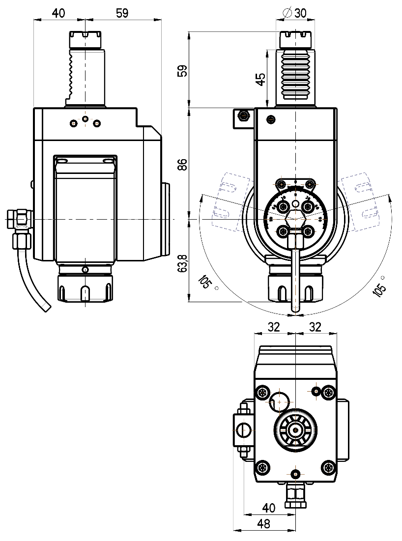 RG Tools VDI 30, winkelverstellbarer Werkzeughalter, Kupplung TOEM, mit Innenkühlung RGX1-30/541-25/2 Dimensionen