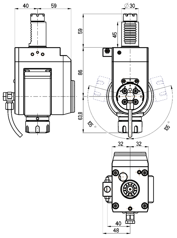 RG Tools VDI 30, winkelverstellbarer Werkzeughalter, Kupplung TOEM, mit Innenkühlung RGX1-30/541-25/2 Dimensionen