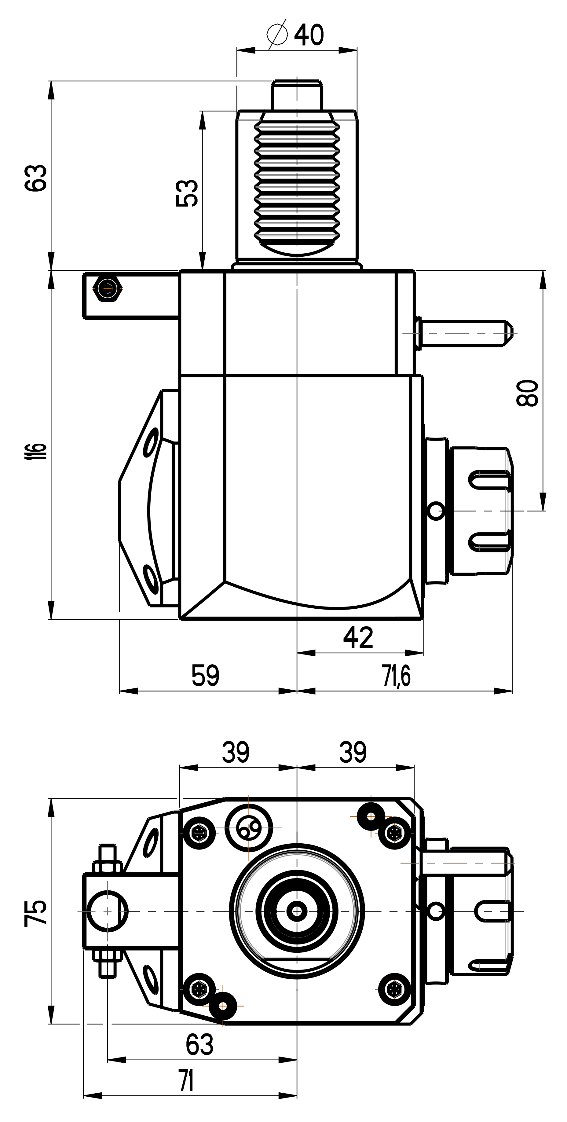 RG Tools VDI 40, winkliger Werkzeughalter, Kupplung DIN 5482, ohne Innenkühlung RGX1-40/211-25/1.1-80 Dimensionen