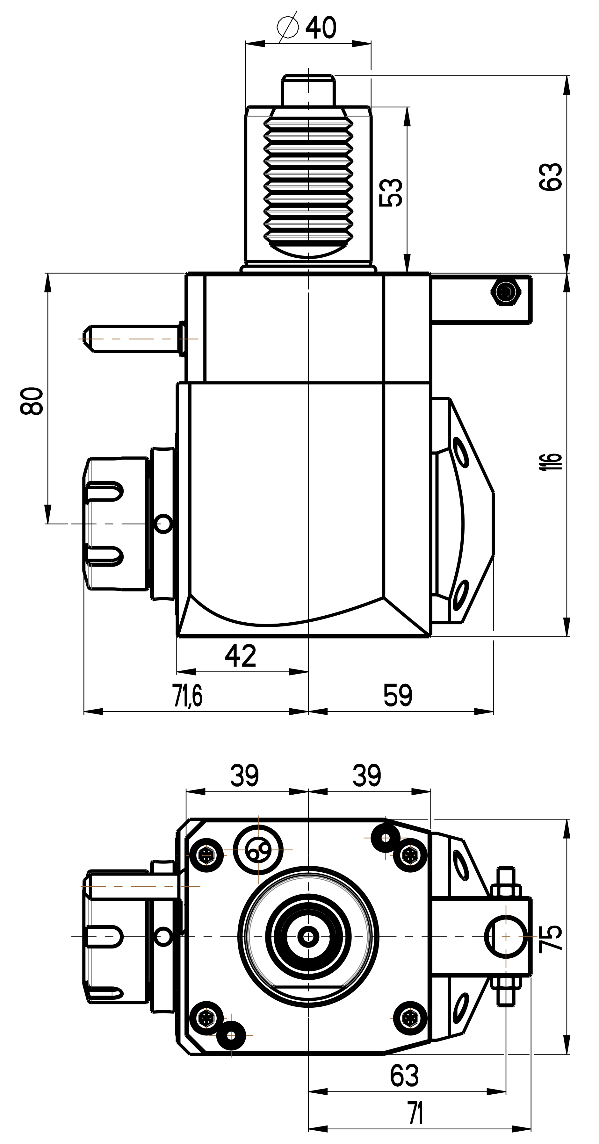 RG Tools VDI 40, winkliger Werkzeughalter, Kupplung DIN 5482, ohne Innenkühlung RGX1-40/211-25/1.2-80 Dimensionen