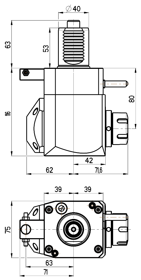 RG Tools VDI 40, winkliger Werkzeughalter, Kupplung DIN 5482, mit Innenkühlung RGX1-40/211-25/2.1-80 Dimensionen