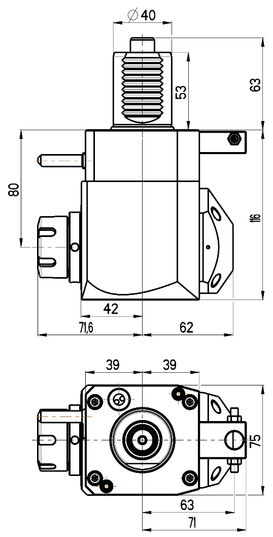 RG Tools VDI 40, winkliger Werkzeughalter, Kupplung DIN 5482, mit Innenkühlung RGX1-40/211-25/2.2-80 Dimensionen