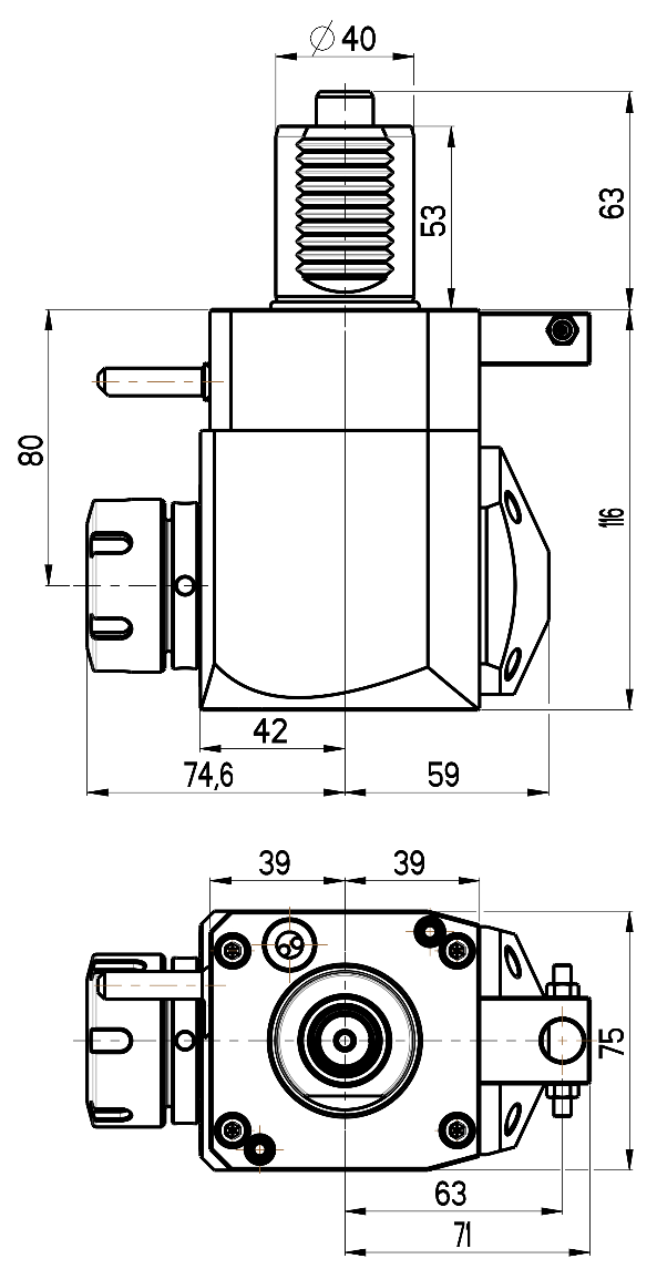 RG Tools VDI 40, winkliger Werkzeughalter, Kupplung DIN 5482, ohne Innenkühlung RGX1-40/211-32/1.2-80 Dimensionen