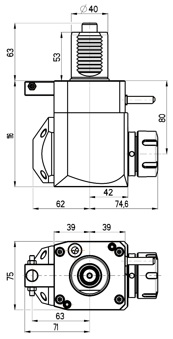 RG Tools VDI 40, winkliger Werkzeughalter, Kupplung DIN 5482, mit Innenkühlung RGX1-40/211-32/2.1-80 Dimensionen