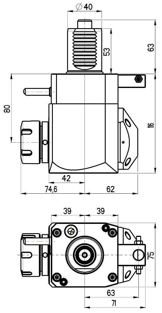 RG Tools VDI 40, winkliger Werkzeughalter, Kupplung DIN 5482, mit Innenkühlung RGX1-40/211-32/2.2-80 Dimensionen