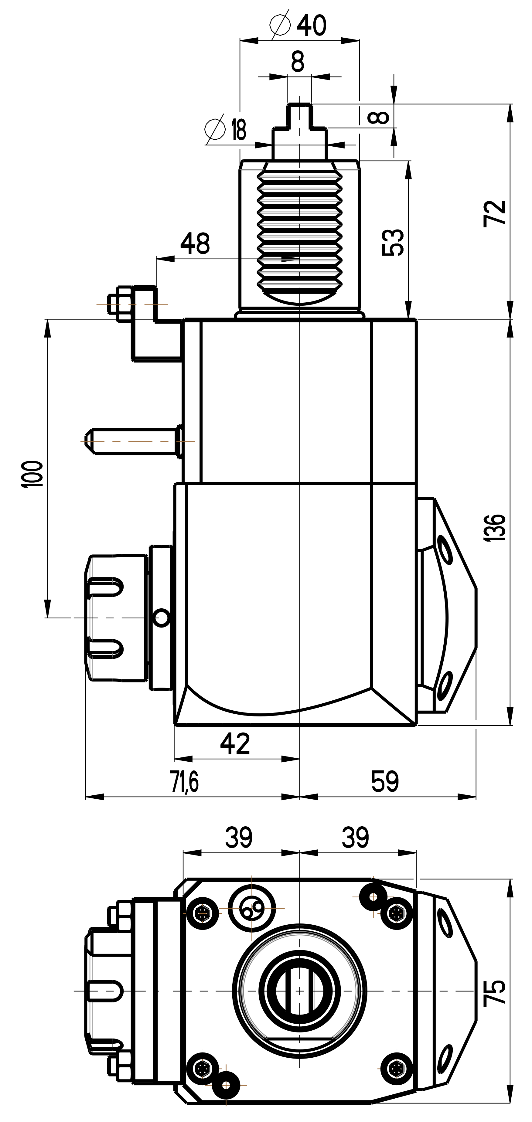RG Tools VDI 40, winkliger Werkzeughalter, Kupplung DIN 1809, ohne Innenkühlung RGX1-40/221-25/1.2-100D Dimensionen