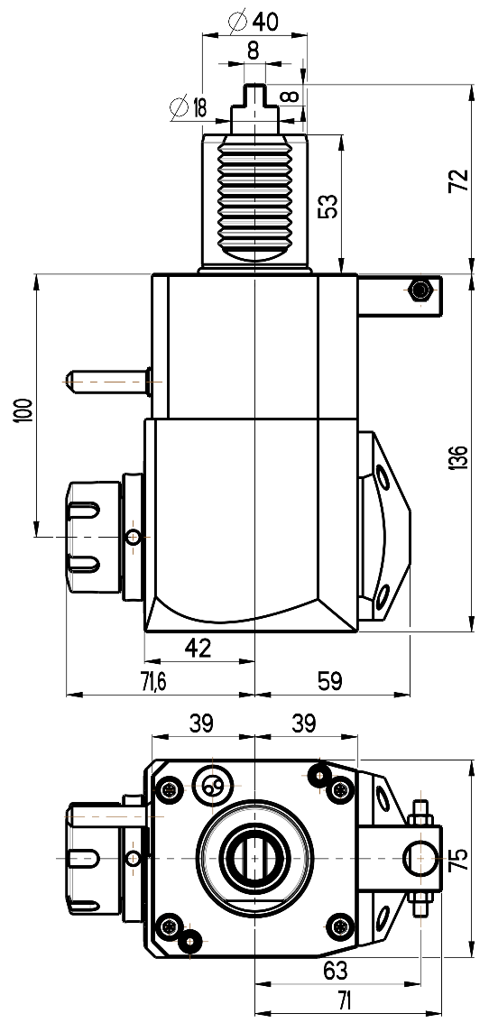 RG Tools VDI 40, winkliger Werkzeughalter, Kupplung DIN 1809, ohne Innenkühlung RGX1-40/221-25/1.2-100 Dimensionen
