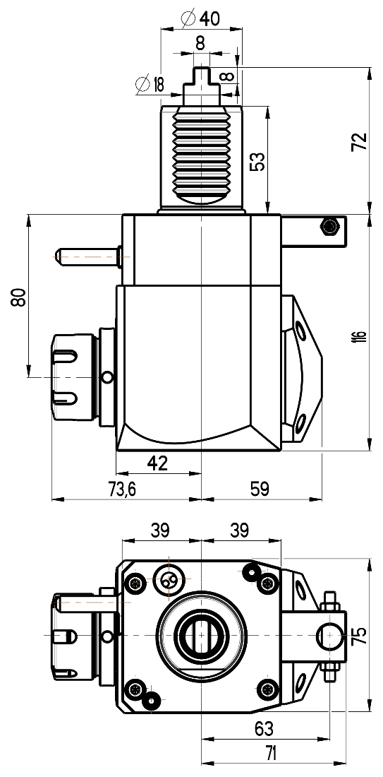 RG Tools VDI 40, winkliger Werkzeughalter, Kupplung DIN 1809, ohne Innenkühlung RGX1-40/221-25/1.2-80 Dimensionen