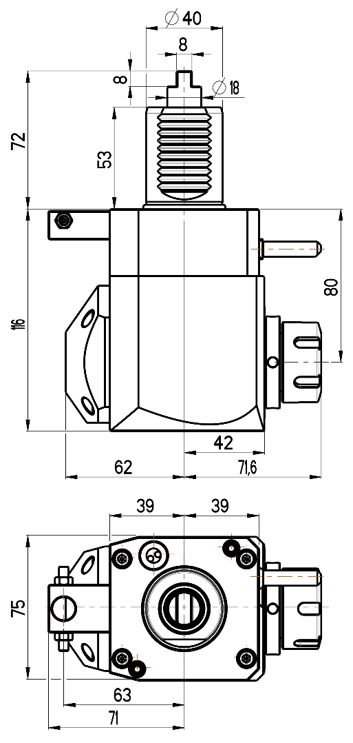 RG Tools VDI 40, winkliger Werkzeughalter, Kupplung DIN 1809, mit Innenkühlung RGX1-40/221-25/2.1-80 Dimensionen