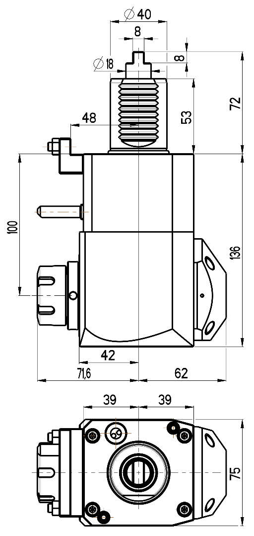 RG Tools VDI 40, winkliger Werkzeughalter, Kupplung DIN 1809, mit Innenkühlung RGX1-40/221-25/2.2-100D Dimensionen