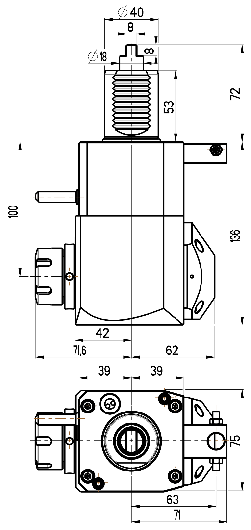 RG Tools VDI 40, winkliger Werkzeughalter, Kupplung DIN 1809, mit Innenkühlung RGX1-40/221-25/2.2-100 Dimensionen
