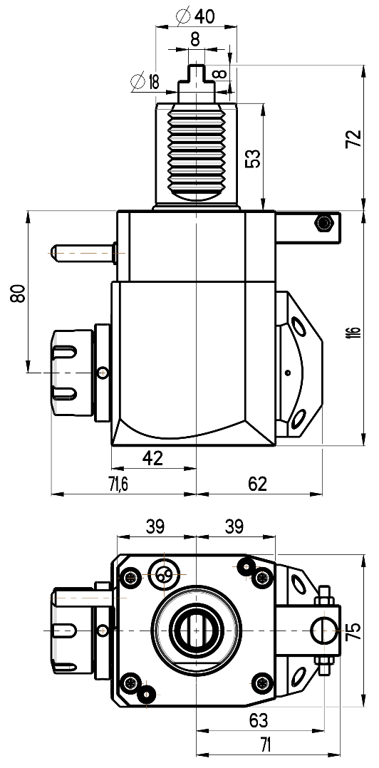RG Tools VDI 40, winkliger Werkzeughalter, Kupplung DIN 1809, mit Innenkühlung RGX1-40/221-25/2.2-80 Dimensionen