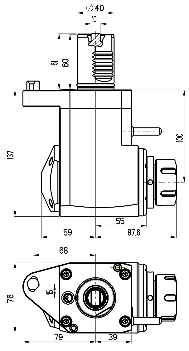 RG Tools VDI 40, winkliger Werkzeughalter, Kupplung flach(~DIN 1809), ohne Innenkühlung RGX1-40/221-32/1.1-100MZ1 Dimensionen
