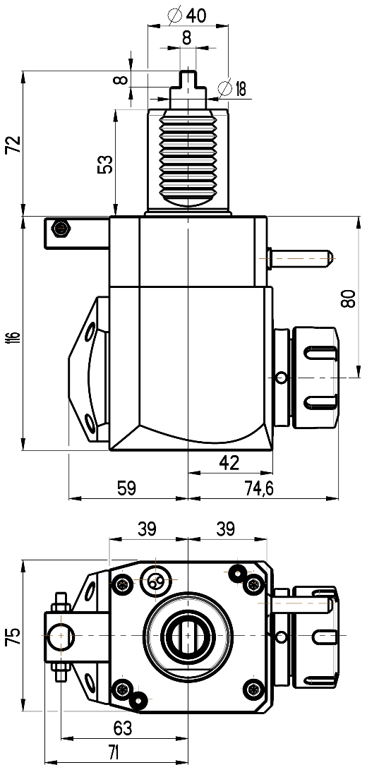 RG Tools VDI 40, winkliger Werkzeughalter, Kupplung DIN 1809, ohne Innenkühlung RGX1-40/221-32/1.1-80 Dimensionen