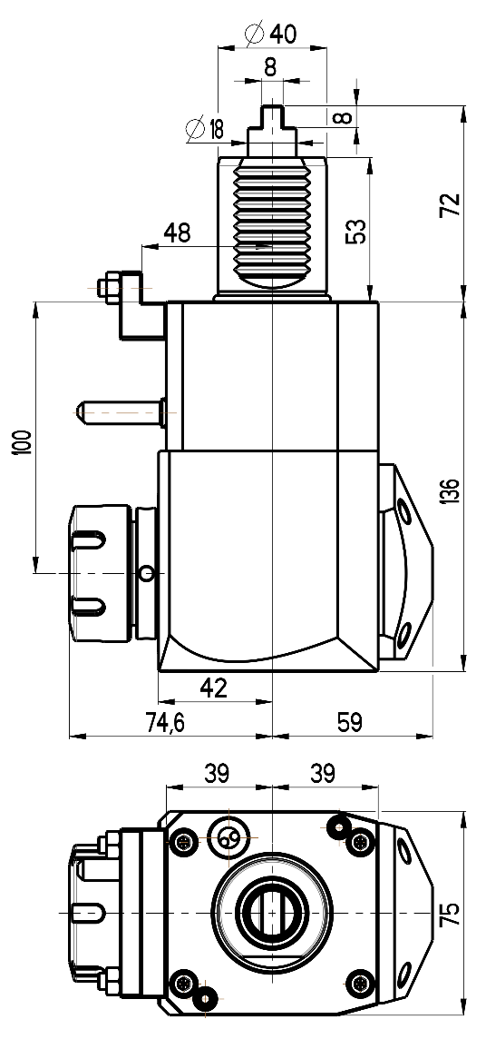RG Tools VDI 40, winkliger Werkzeughalter, Kupplung DIN 1809, ohne Innenkühlung RGX1-40/221-32/1.2-100D Dimensionen