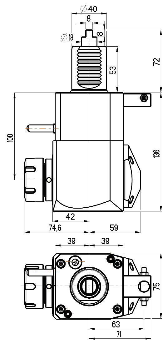 RG Tools VDI 40, winkliger Werkzeughalter, Kupplung DIN 1809, ohne Innenkühlung RGX1-40/221-32/1.2-100 Dimensionen