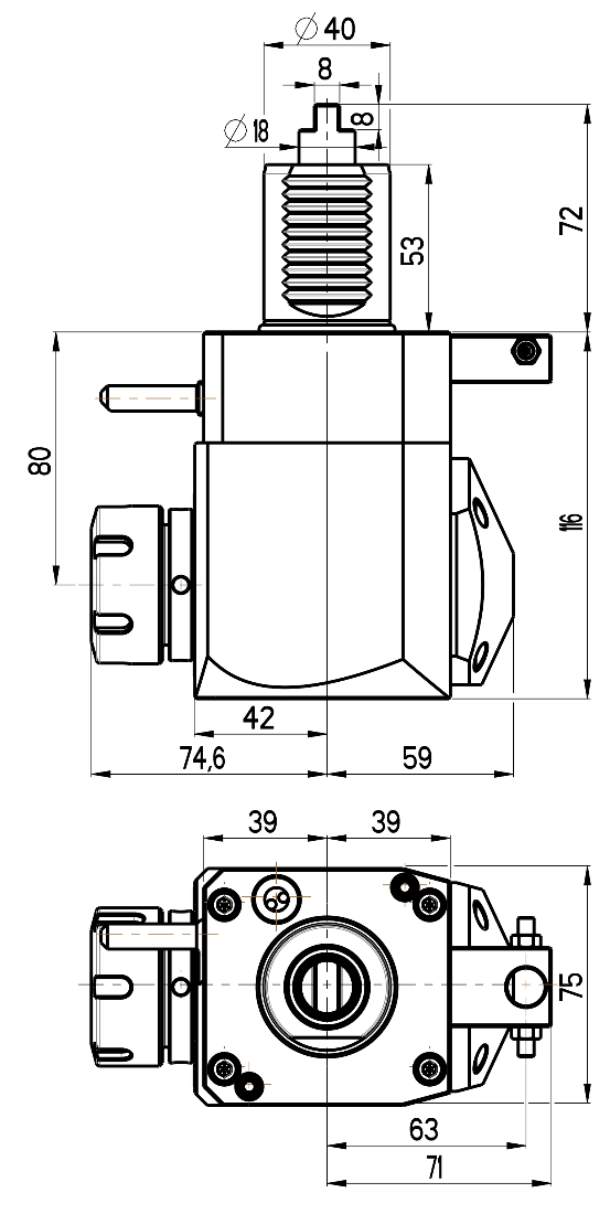 RG Tools VDI 40, winkliger Werkzeughalter, Kupplung DIN 1809, ohne Innenkühlung RGX1-40/221-32/1.2-80 Dimensionen