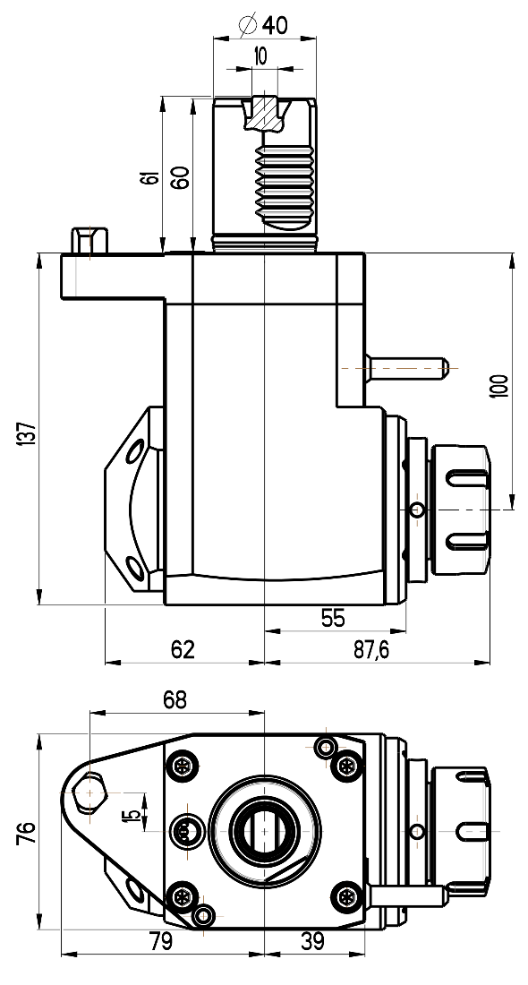 RG Tools VDI 40, winkliger Werkzeughalter, Kupplung flach(~DIN 1809), mit Innenkühlung RGX1-40/221-32/2.1-100MZ1 Dimensionen