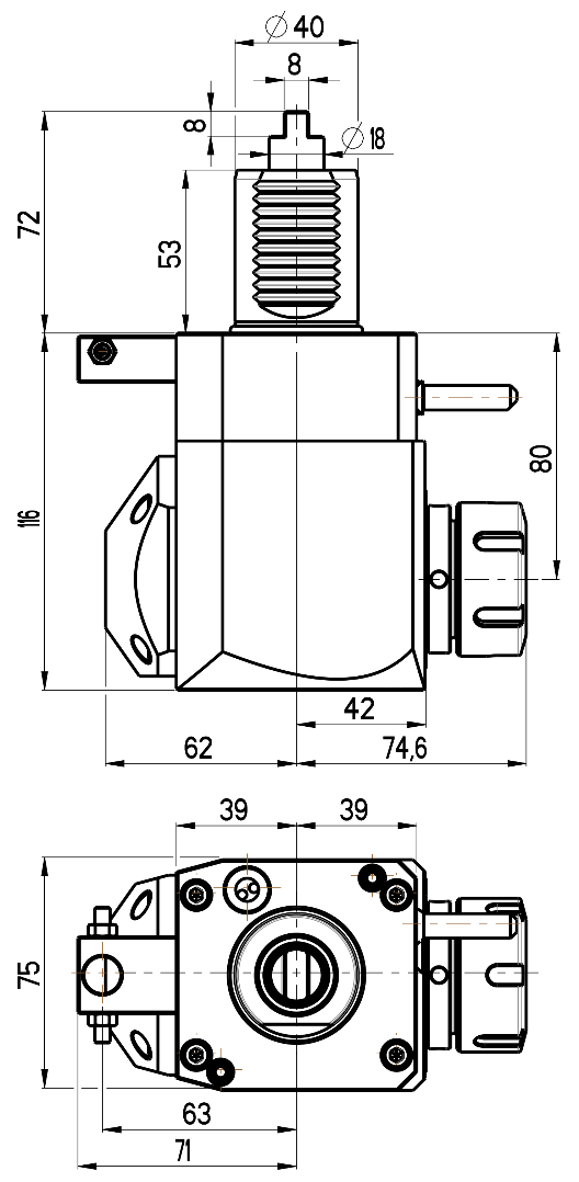 RG Tools VDI 40, winkliger Werkzeughalter, Kupplung DIN 1809, mit Innenkühlung RGX1-40/221-32/2.1-80 Dimensionen