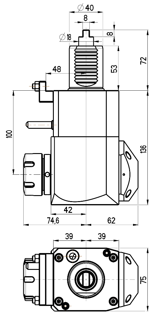 RG Tools VDI 40, winkliger Werkzeughalter, Kupplung DIN 1809, mit Innenkühlung RGX1-40/221-32/2.2-100D Dimensionen