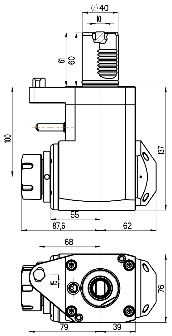 RG Tools VDI 40, winkliger Werkzeughalter, Kupplung flach(~DIN 1809), mit Innenkühlung RGX1-40/221-32/2.2-100MZ1 Dimensionen