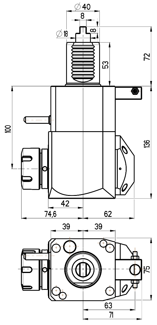 RG Tools VDI 40, winkliger Werkzeughalter, Kupplung DIN 1809, mit Innenkühlung RGX1-40/221-32/2.2-100 Dimensionen