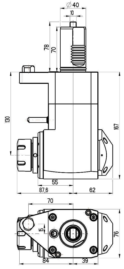 RG Tools VDI 40, winkliger Werkzeughalter, Kupplung flach(~DIN 1809), mit Innenkühlung RGX1-40/221-32/2.2-130MZ2 Dimensionen