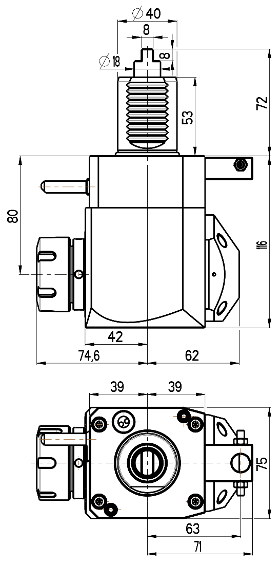 RG Tools VDI 40, winkliger Werkzeughalter, Kupplung DIN 1809, mit Innenkühlung RGX1-40/221-32/2.2-80 Dimensionen