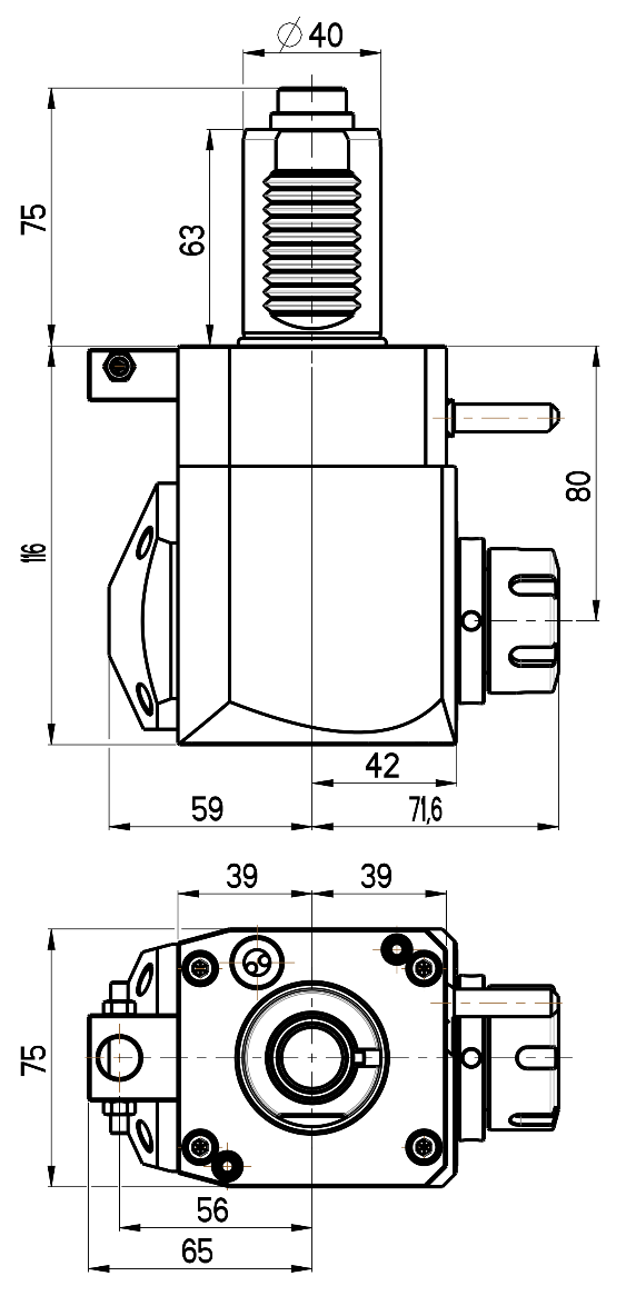 RG Tools VDI 40, winkliger Werkzeughalter, Kupplung DIN 5480, ohne Innenkühlung RGX1-40/231-25/1.1-80 Dimensionen