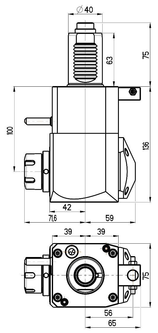 RG Tools VDI 40, winkliger Werkzeughalter, Kupplung DIN 5480, ohne Innenkühlung RGX1-40/231-25/1.2-100 Dimensionen