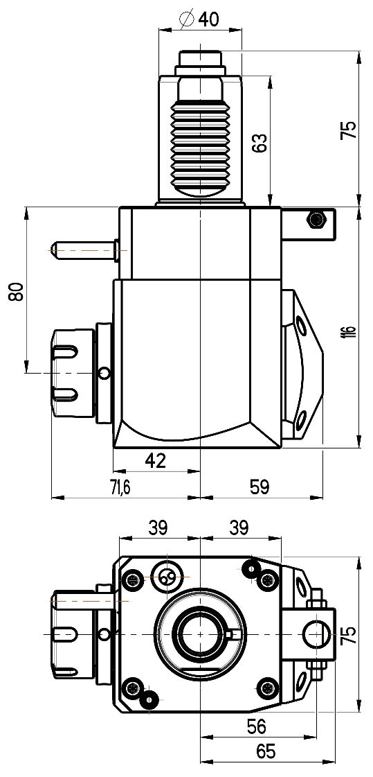 RG Tools VDI 40, winkliger Werkzeughalter, Kupplung DIN 5480, ohne Innenkühlung RGX1-40/231-25/1.2-80 Dimensionen