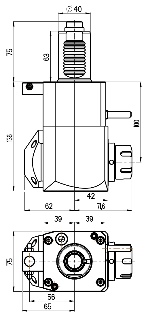 RG Tools VDI 40, winkliger Werkzeughalter, Kupplung DIN 5480, mit Innenkühlung RGX1-40/231-25/2.1-100 Dimensionen