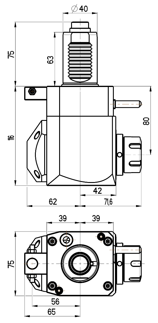 RG Tools VDI 40, winkliger Werkzeughalter, Kupplung DIN 5480, mit Innenkühlung RGX1-40/231-25/2.1-80 Dimensionen