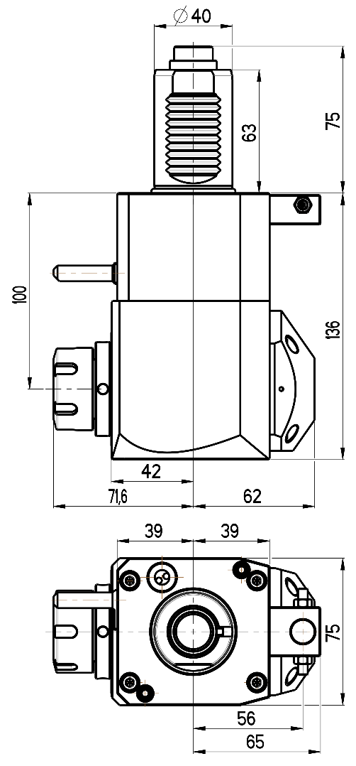 RG Tools VDI 40, winkliger Werkzeughalter, Kupplung DIN 5480, mit Innenkühlung RGX1-40/231-25/2.2-100 Dimensionen