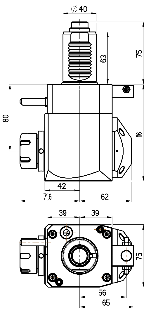 RG Tools VDI 40, winkliger Werkzeughalter, Kupplung DIN 5480, mit Innenkühlung RGX1-40/231-25/2.2-80 Dimensionen