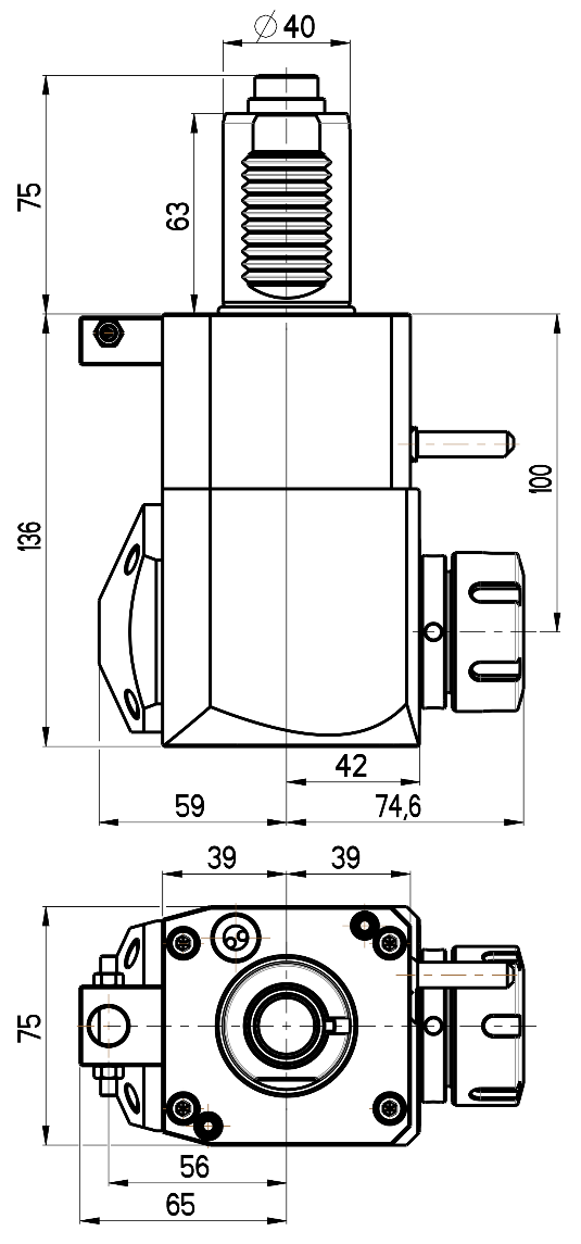 RG Tools VDI 40, winkliger Werkzeughalter, Kupplung DIN 5480, ohne Innenkühlung RGX1-40/231-32/1.1-100 Dimensionen