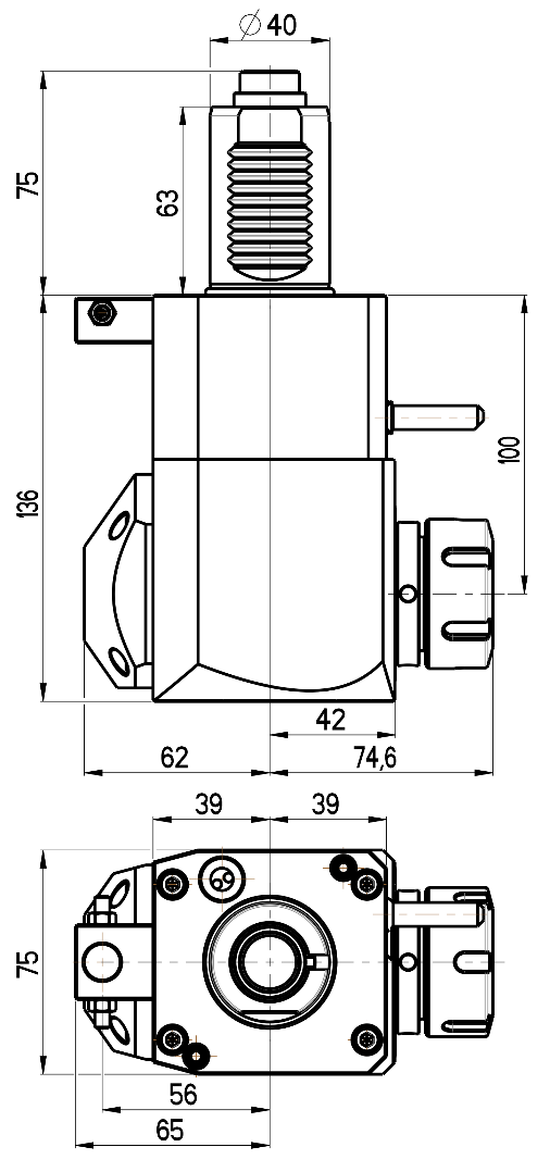 RG Tools VDI 40, winkliger Werkzeughalter, Kupplung DIN 5480, mit Innenkühlung RGX1-40/231-32/2.1-100 Dimensionen