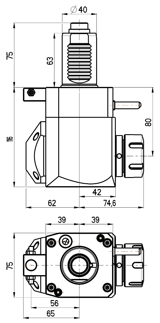 RG Tools VDI 40, winkliger Werkzeughalter, Kupplung DIN 5480, mit Innenkühlung RGX1-40/231-32/2.1-80 Dimensionen