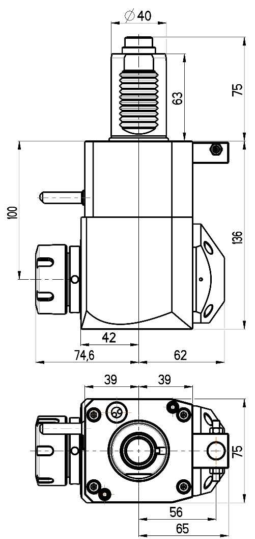 RG Tools VDI 40, winkliger Werkzeughalter, Kupplung DIN 5480, mit Innenkühlung RGX1-40/231-32/2.2-100 Dimensionen