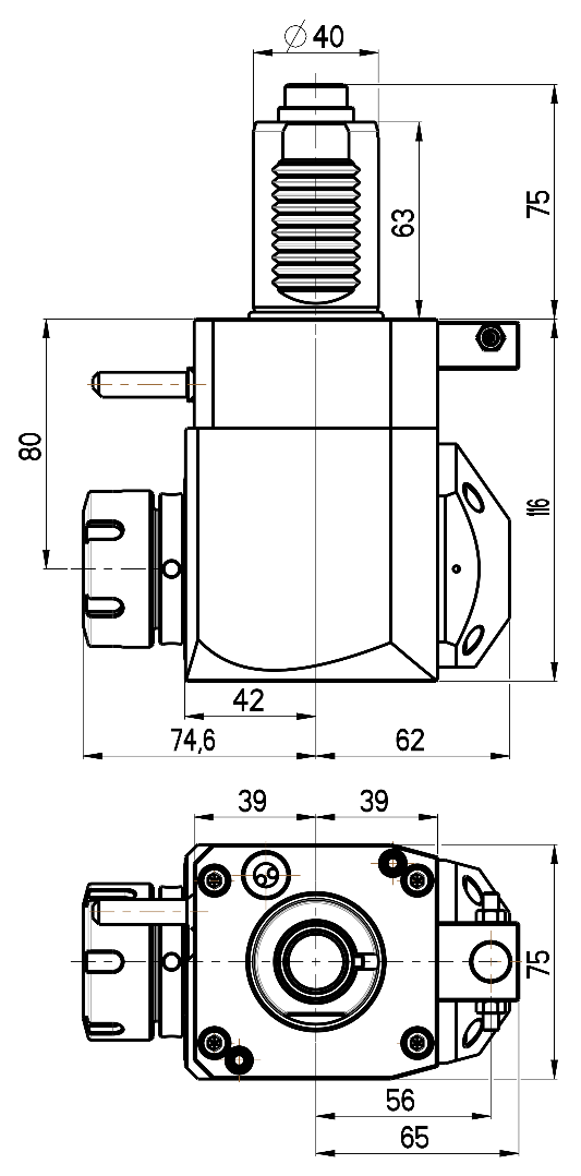 RG Tools VDI 40, winkliger Werkzeughalter, Kupplung DIN 5480, mit Innenkühlung RGX1-40/231-32/2.2-80 Dimensionen