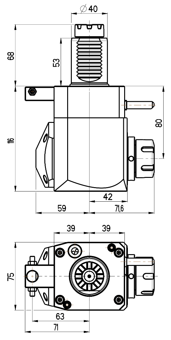 RG Tools VDI 40, winkliger Werkzeughalter, Kupplung TOEM, ohne Innenkühlung RGX1-40/241-25/1.1-80 Dimensionen