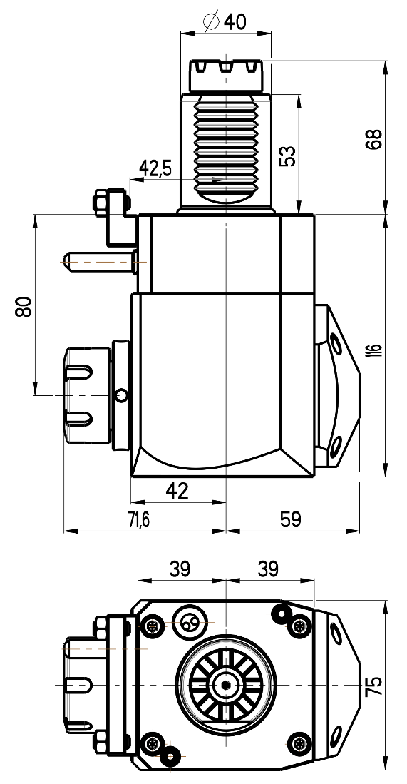 RG Tools VDI 40, winkliger Werkzeughalter, Kupplung TOEM, ohne Innenkühlung RGX1-40/241-25/1.2-80D Dimensionen