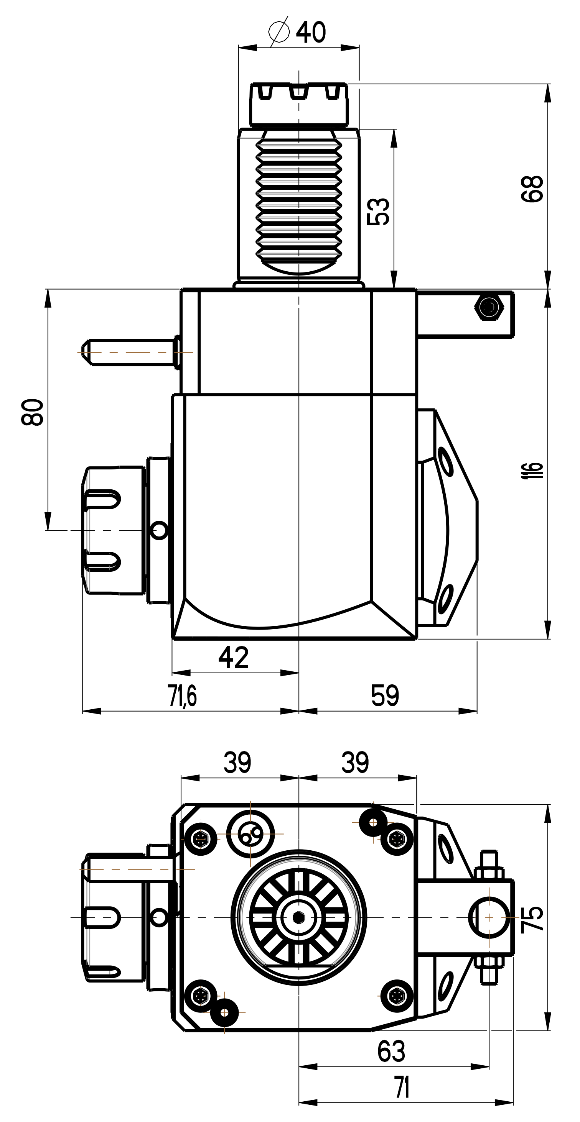 RG Tools VDI 40, winkliger Werkzeughalter, Kupplung TOEM, ohne Innenkühlung RGX1-40/241-25/1.2-80 Dimensionen