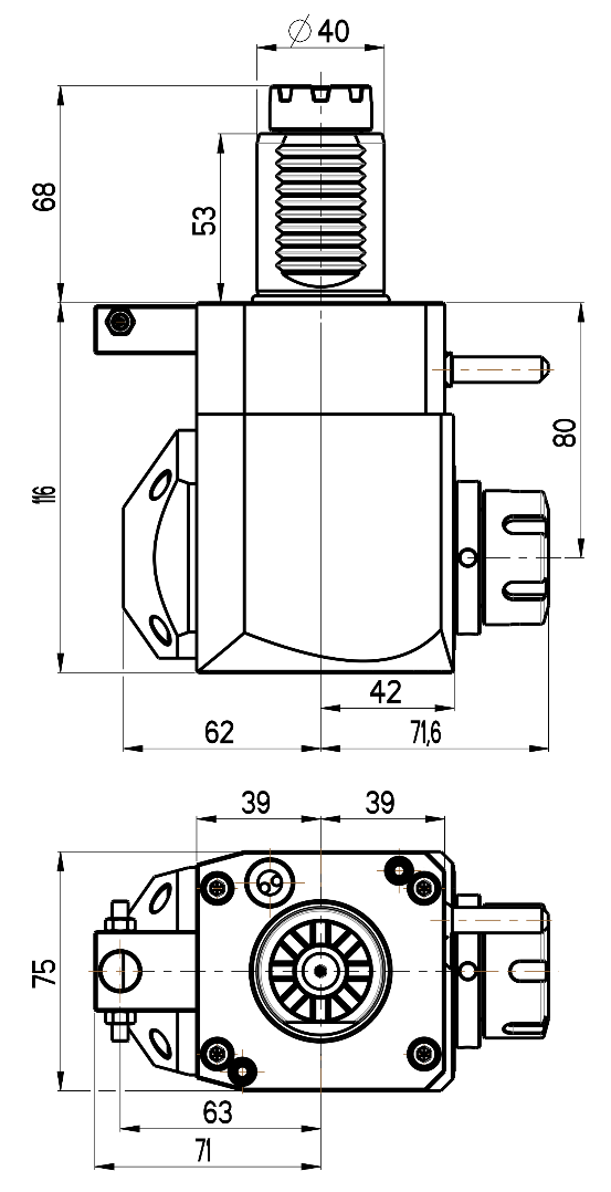 RG Tools VDI 40, winkliger Werkzeughalter, Kupplung TOEM, mit Innenkühlung RGX1-40/241-25/2.1-80 Dimensionen