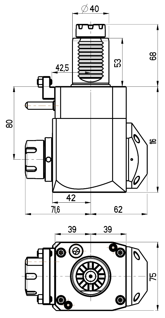 RG Tools VDI 40, winkliger Werkzeughalter, Kupplung TOEM, mit Innenkühlung RGX1-40/241-25/2.2-80D Dimensionen