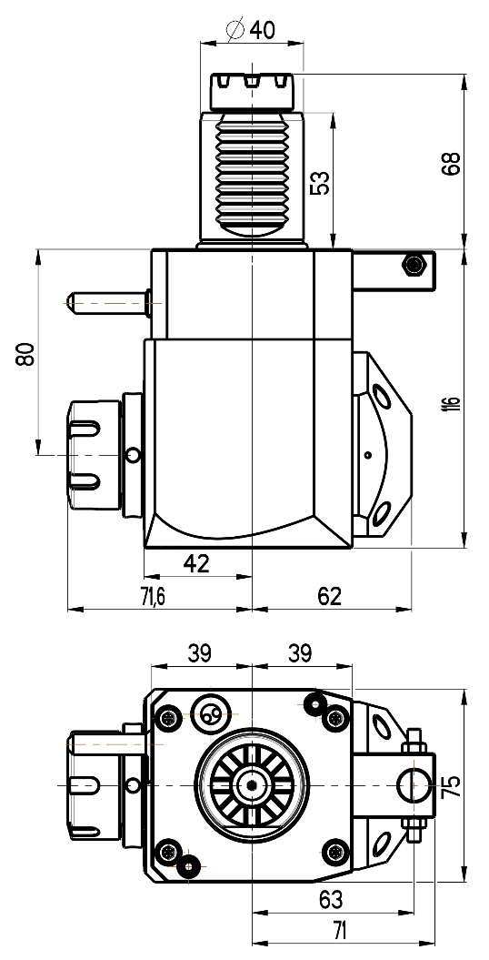 RG Tools VDI 40, winkliger Werkzeughalter, Kupplung TOEM, mit Innenkühlung RGX1-40/241-25/2.2-80 Dimensionen
