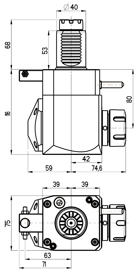 RG Tools VDI 40, winkliger Werkzeughalter, Kupplung TOEM, ohne Innenkühlung RGX1-40/241-32/1.1-80 Dimensionen