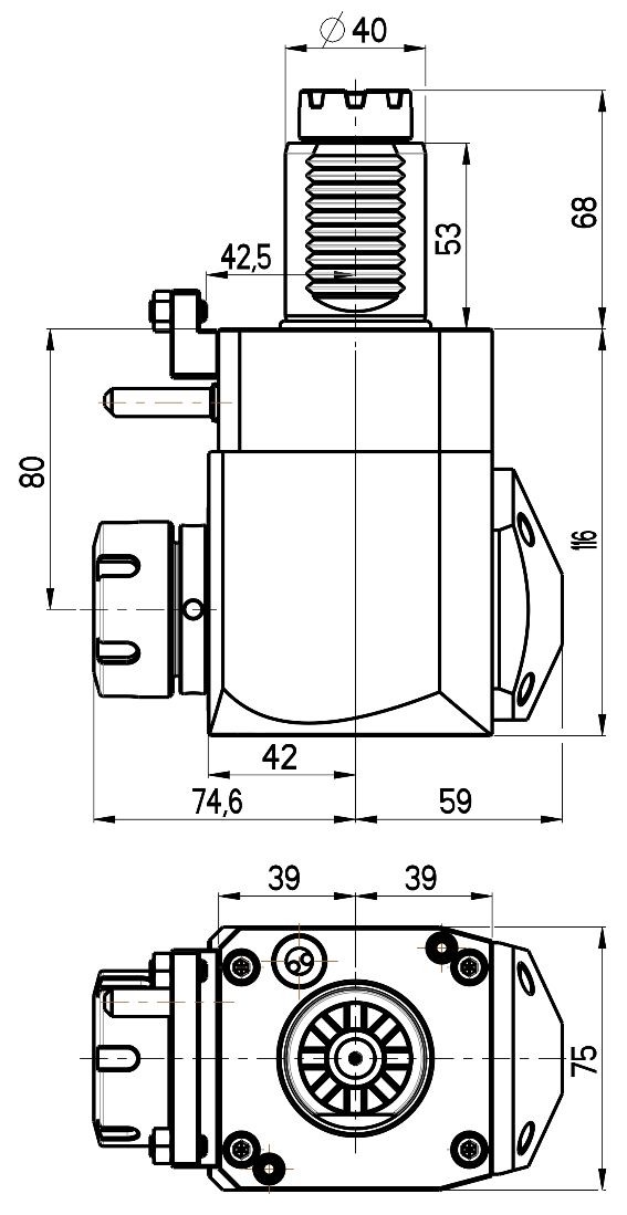 RG Tools VDI 40, winkliger Werkzeughalter, Kupplung TOEM, ohne Innenkühlung RGX1-40/241-32/1.2-80D Dimensionen